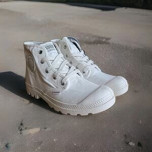 Palladium Pampa Hi Star White Leather Canvas Boot Womens 8 Combat Hi Top Sneaker